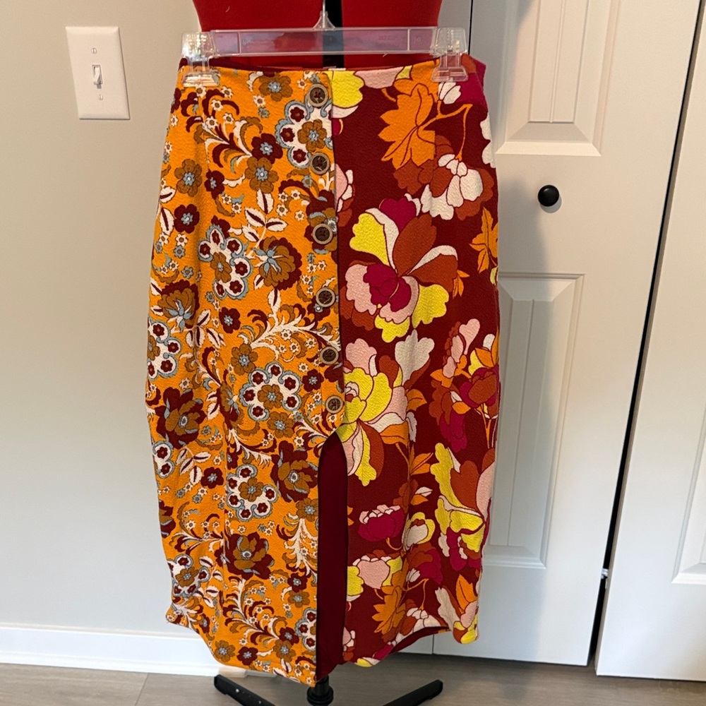 Maeve Orange & Burgundy Floral Patchwork Midi Skirt